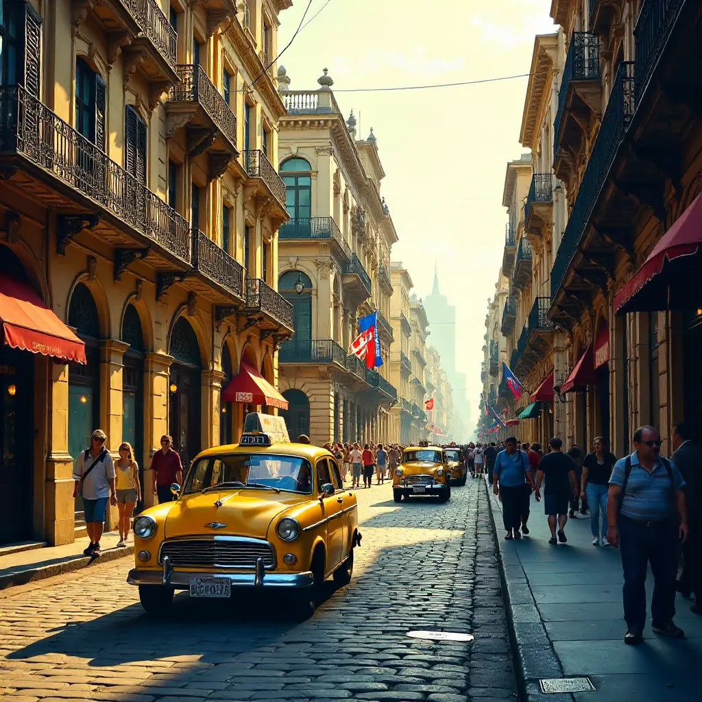 Vibrant Street Scene: Historic Architecture and Yellow Taxi