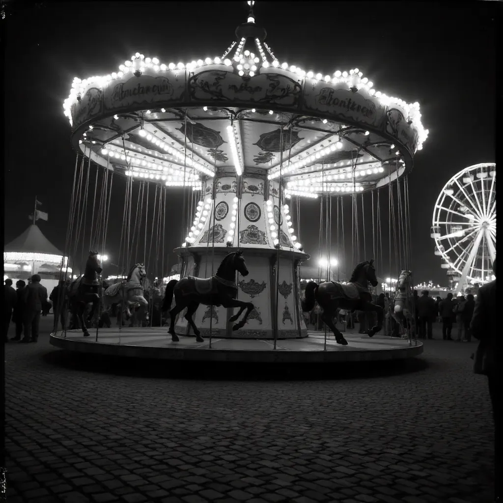 Vintage Black-and-White Swing Ride at German Carnival