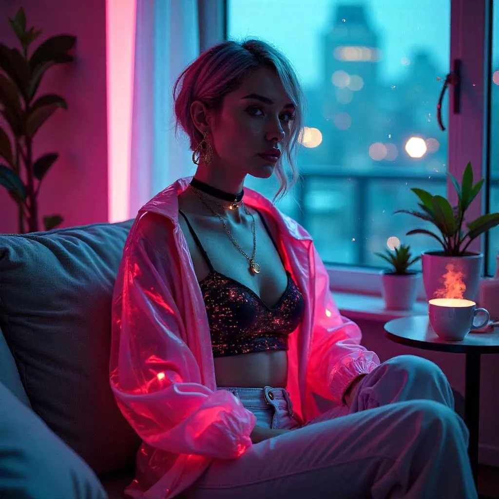 Cyberpunk Home Portrait of a Neon-lit Woman
