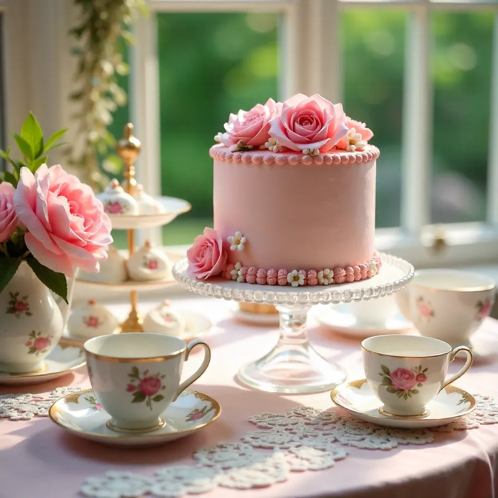 Pink Floral Cake with Elegant Tea Set for Afternoon Tea