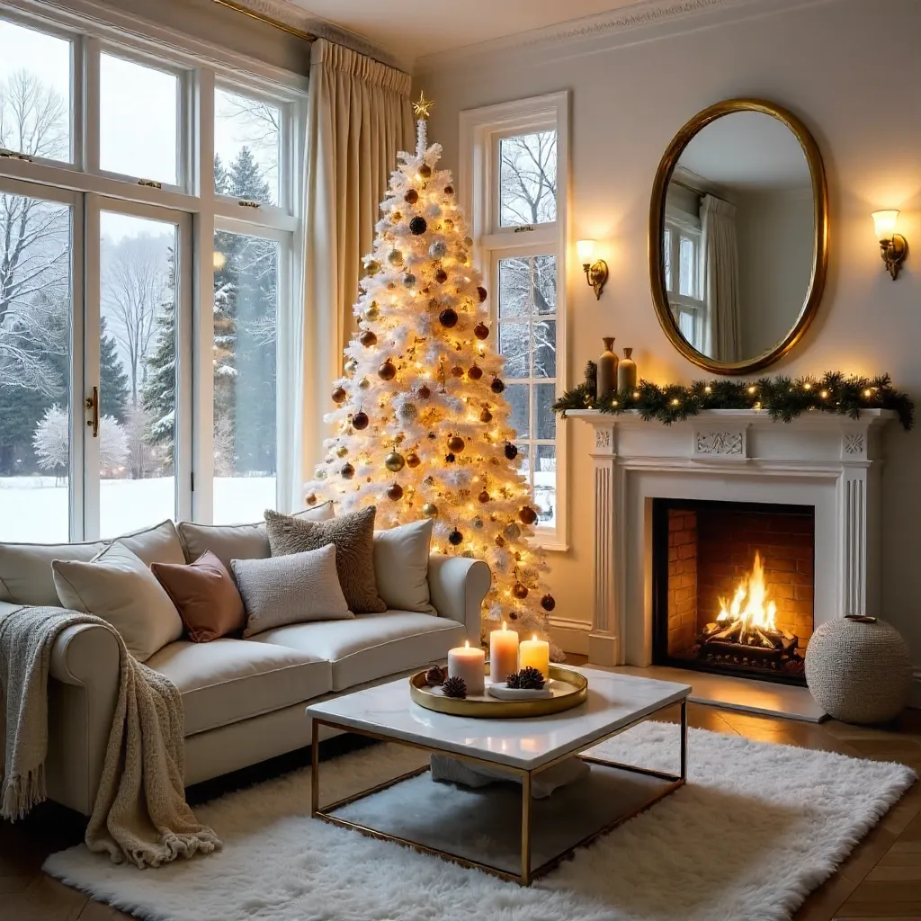 Elegant White-Tree Holiday Living Room Scene