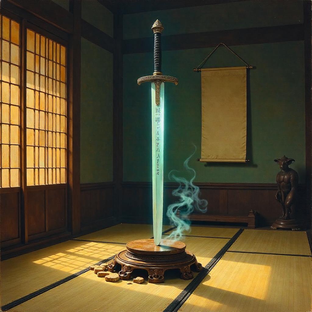 Enchanted Sword in a Zen Temple Oil Painting