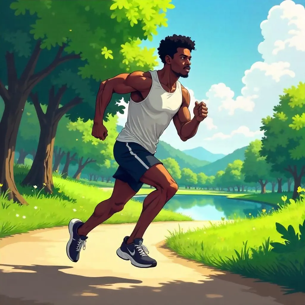Athletic Black Man Running in Anime Park