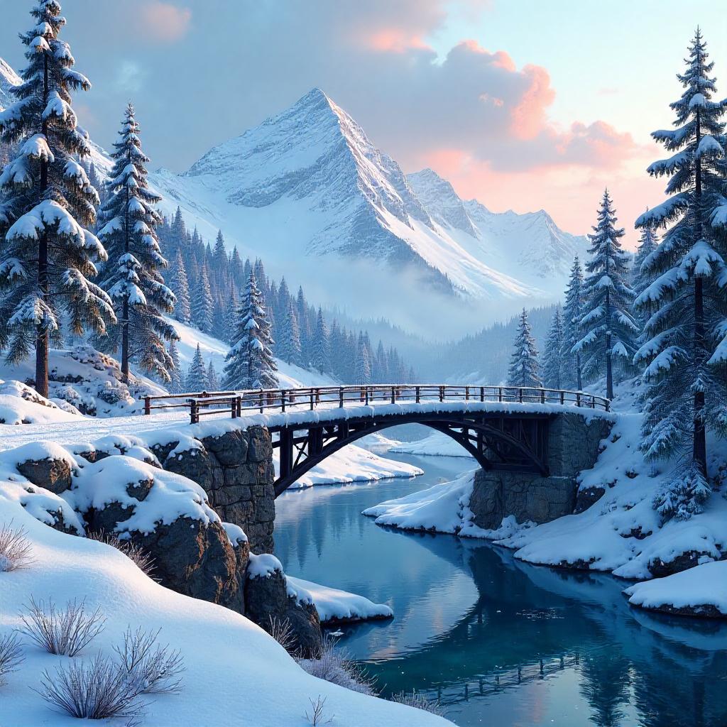 Snowbound Bridge Concept Art in a Frosty Landscape