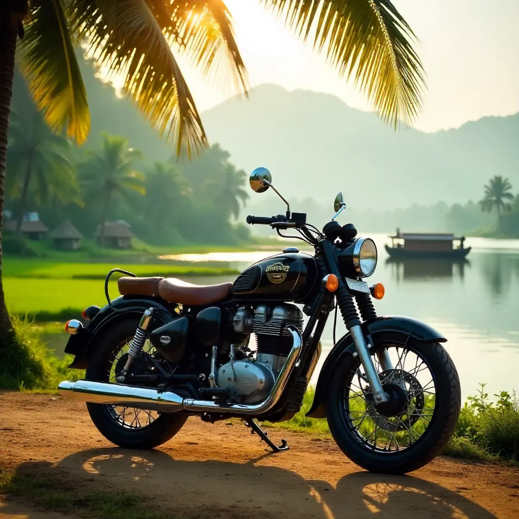 Black Vintage Motorcycle in Kerala Backwaters