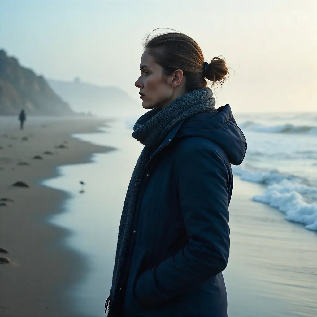 Side View of a Woman by a Misty Beach in Blue
