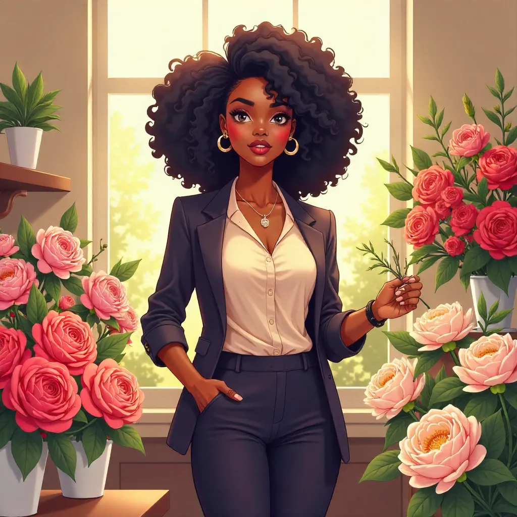 Confident Black Woman in an Anime Flower Shop