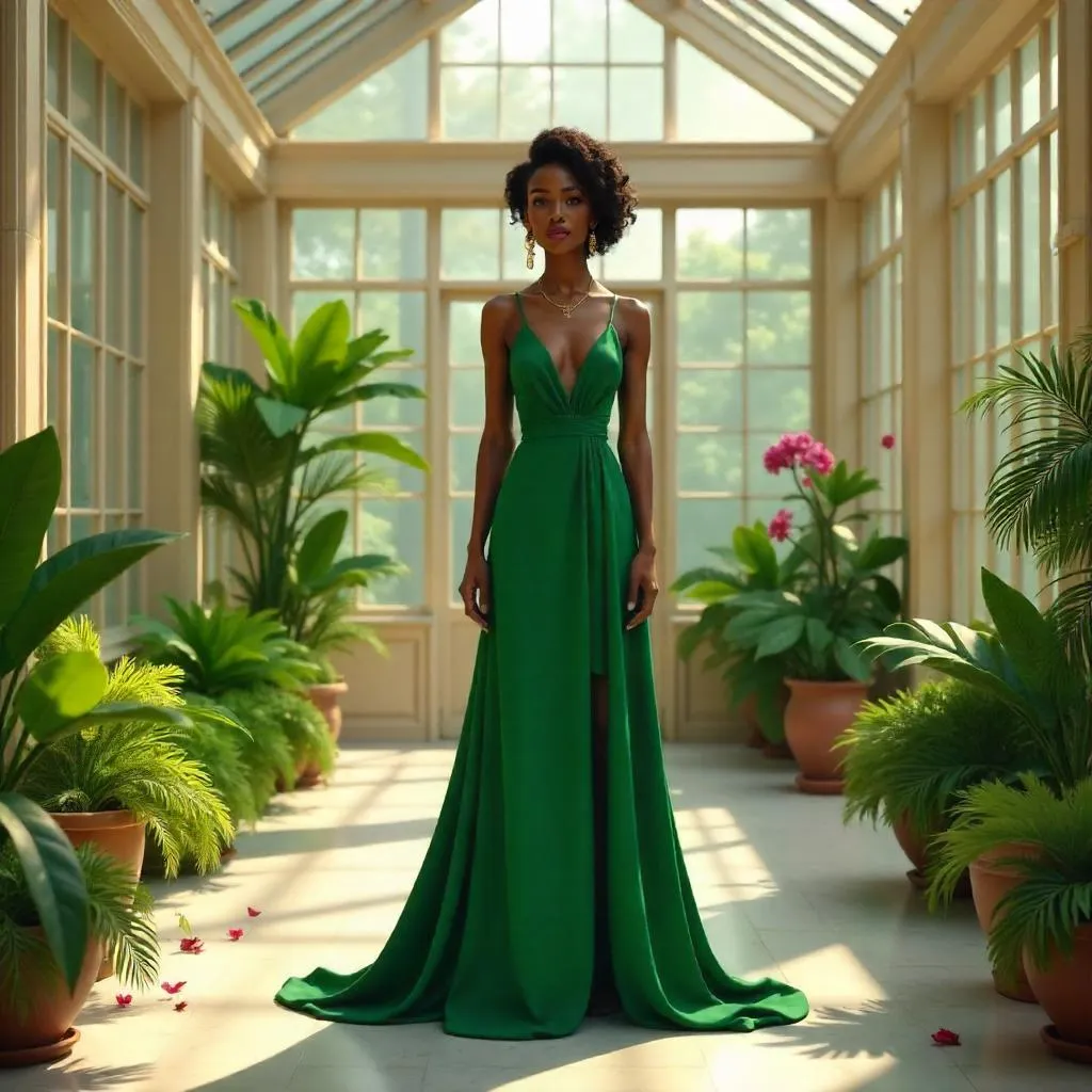 Elegant Black Woman in a Sunlit Conservatory - 3D Render