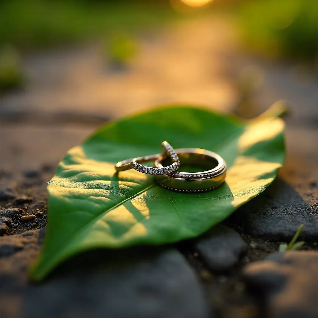 Love in Nature: Rings on a Leaf over Pavement