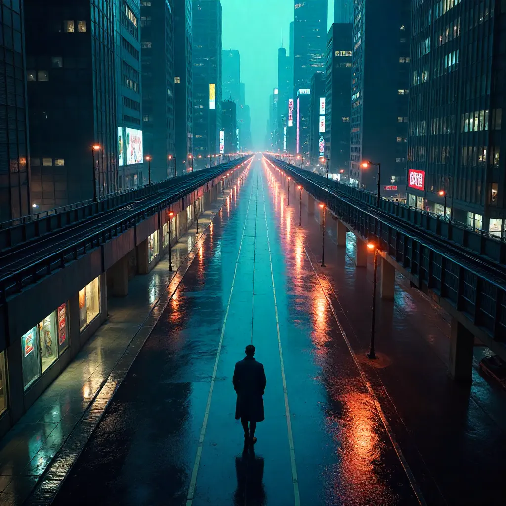 Aerial Solitude in a Neon Modern Megacity