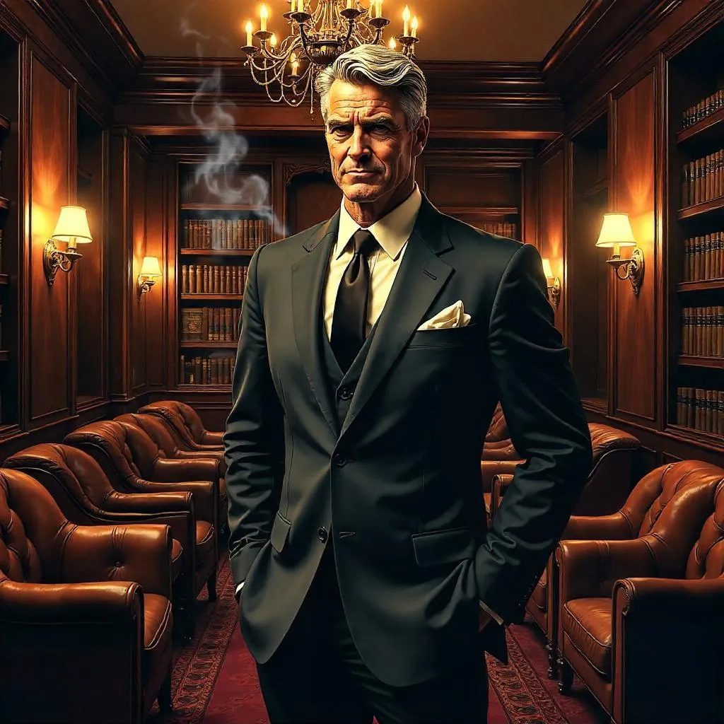 Confident White Man in a Noir Cigar Lounge