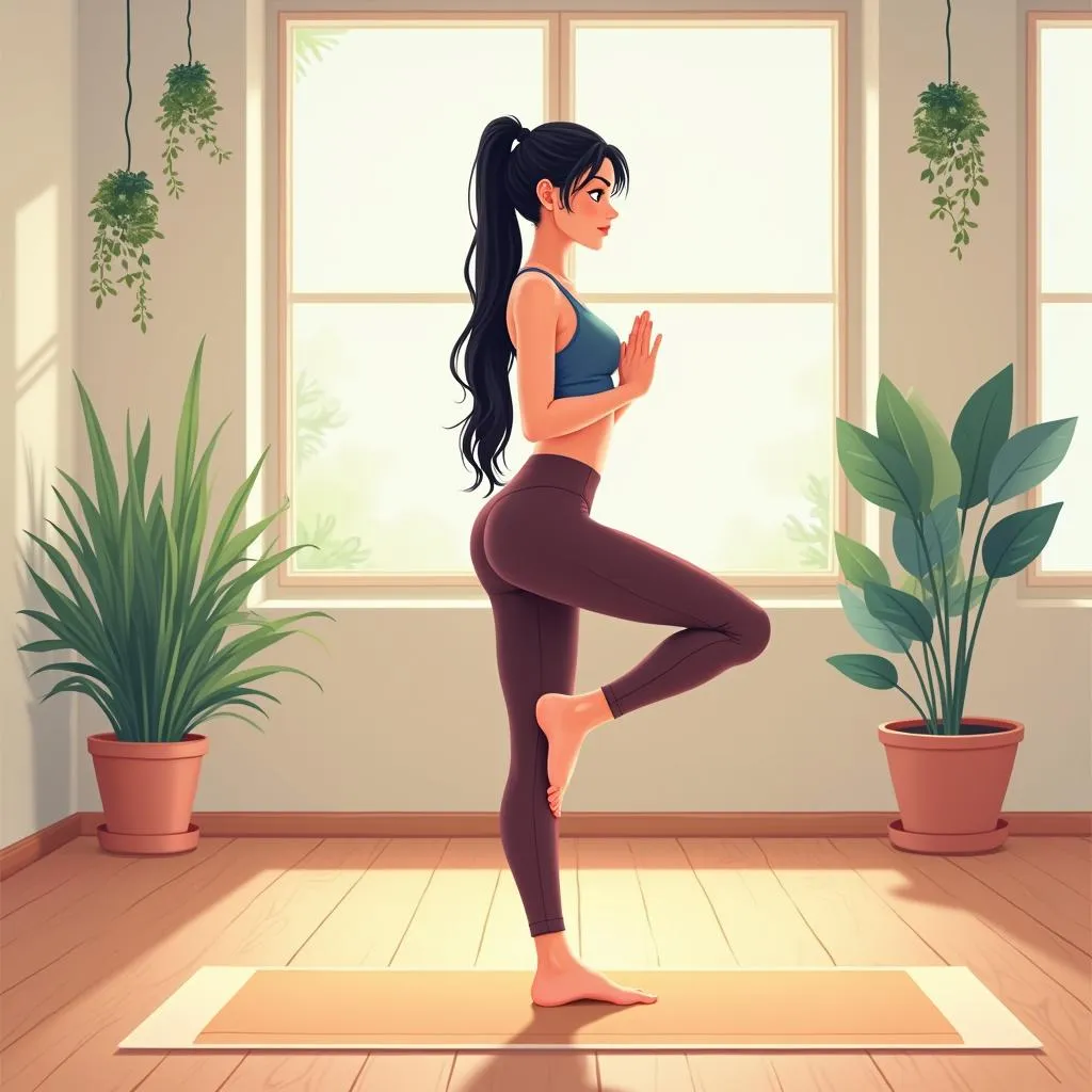 Anime-Style Asian Woman in Tranquil Yoga Studio