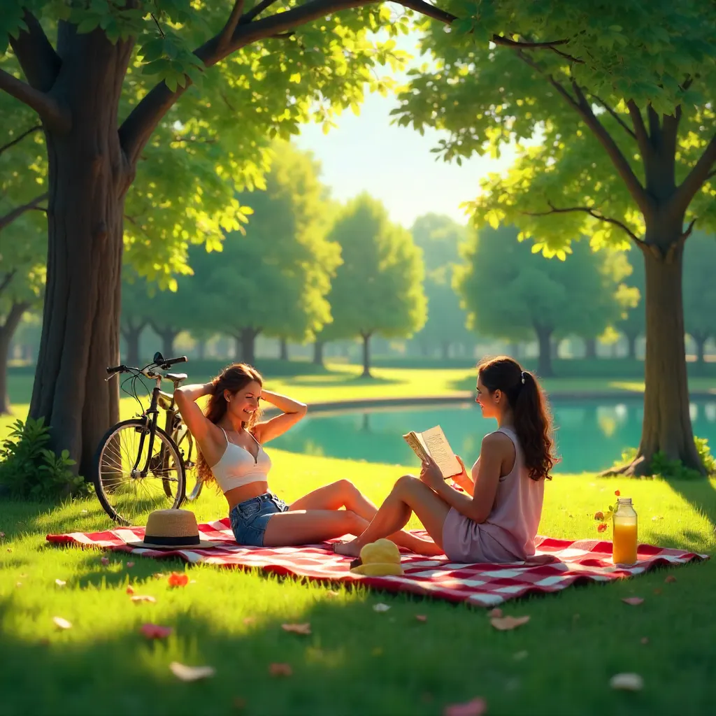 Two Friends Enjoying a Sunlit Park Day