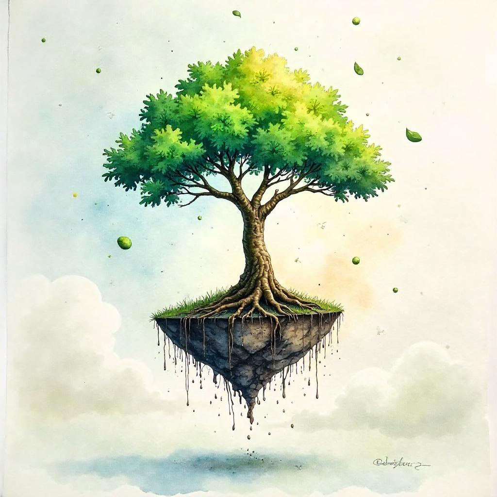 Floating Watercolor Tree in Zero Gravity