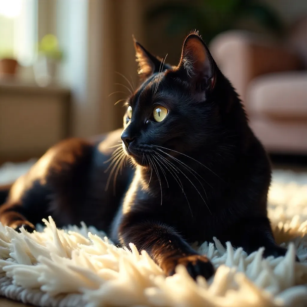 Close-up of a Black Cat on Plush Indoor Rug