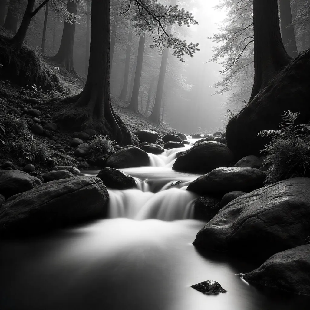 Tranquil Black-and-White Forest Waterfall