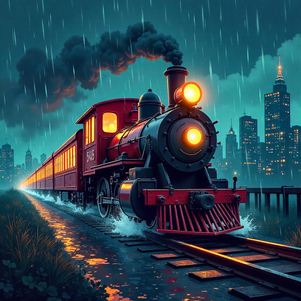 Heavy Rain Cartoon Train in a Downpour
