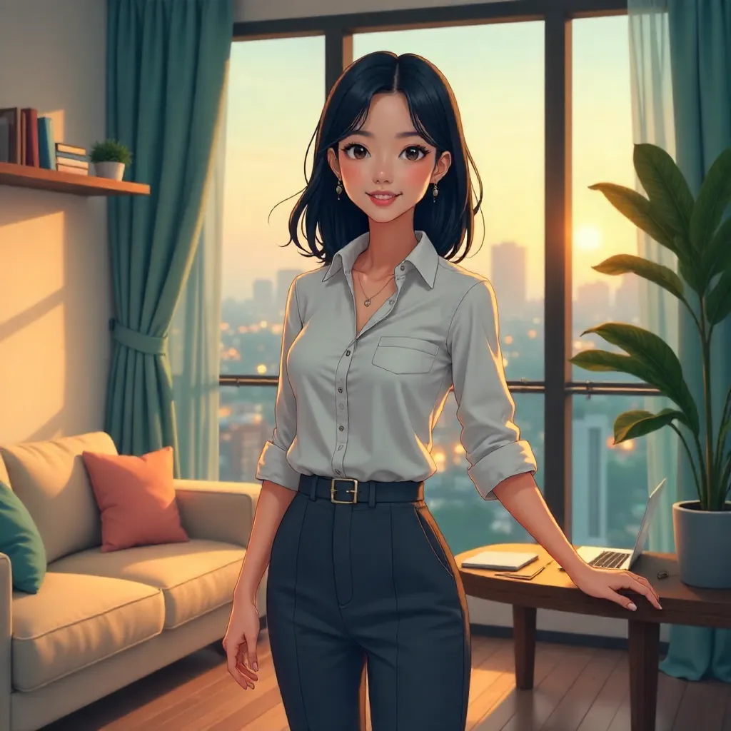 Confident Asian Woman in a Modern Anime Apartment