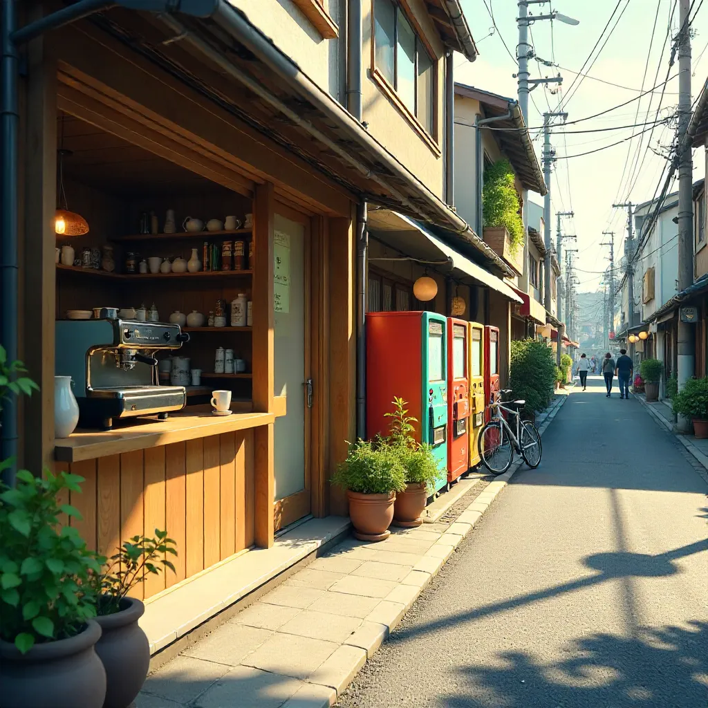 Sunlit Japanese Coffee Shop with Street Vending Machines