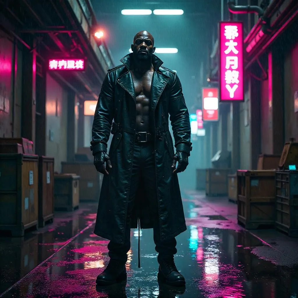 Neon-Steel Warrior in a Cyberpunk Warehouse