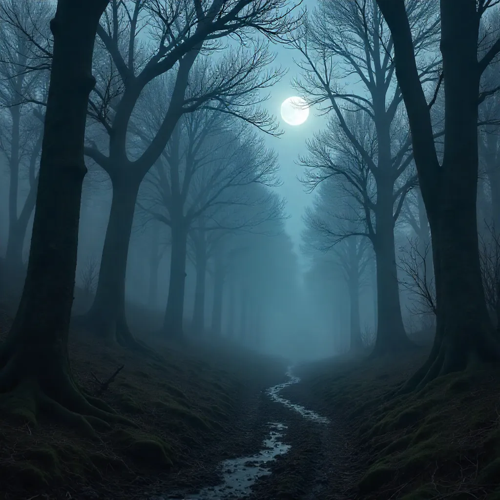 Whispering Fog: Bare Trees in a Haunting Forest
