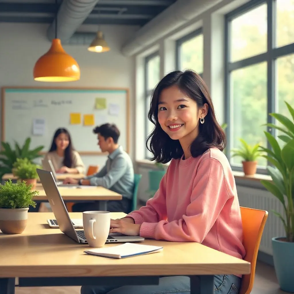 Cheerful Asian Girl in a Bright Coworking Space
