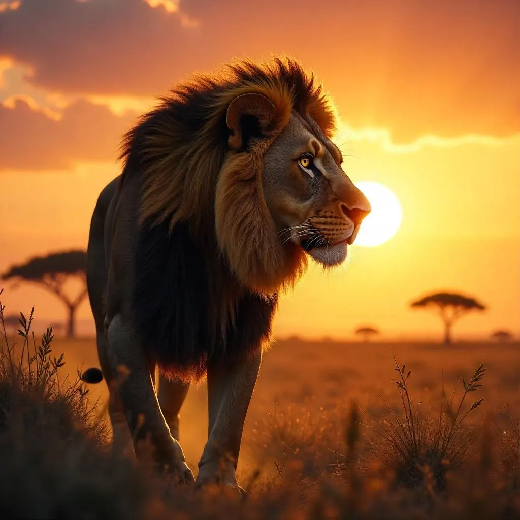 Golden Hour Lion on Sunset Savannah