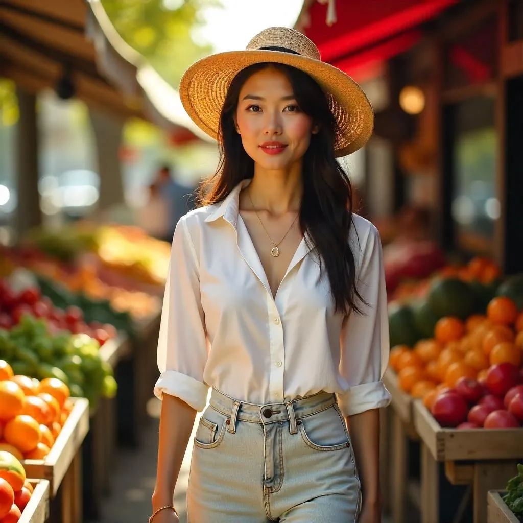 Stylish Asian Woman at a Lively Farmers Market