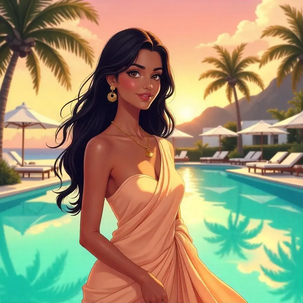 Sunlit Anime Indian Woman at a Tropical Resort