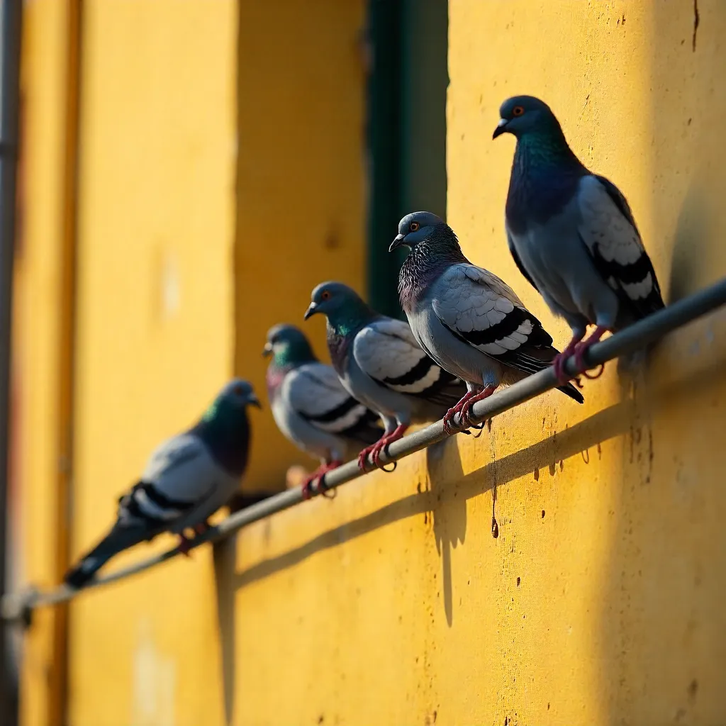 Pigeons Perched on a Wire in Sunny Yellow Facade