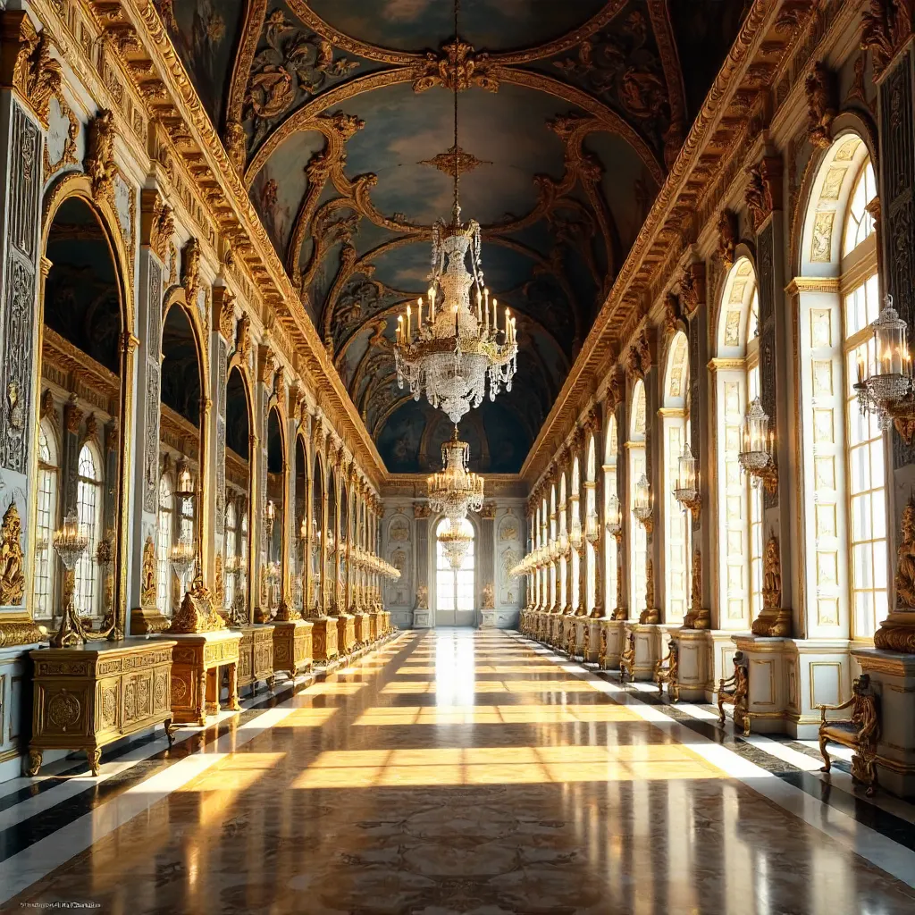 Baroque Versailles Hall of Mirrors with Chandeliers