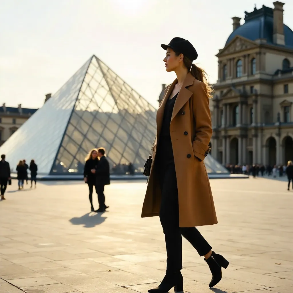 Beret-Clad Stroll by the Louvre Pyramid