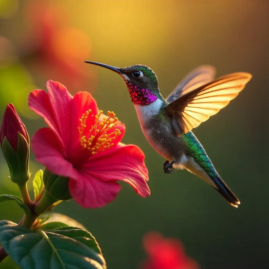 Anna's Hummingbird Feeding on Bright Red Garden Flowers