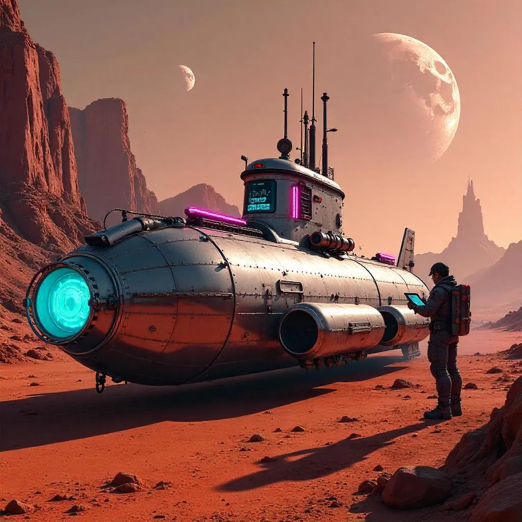 Neon Submarine on Martian Dunes