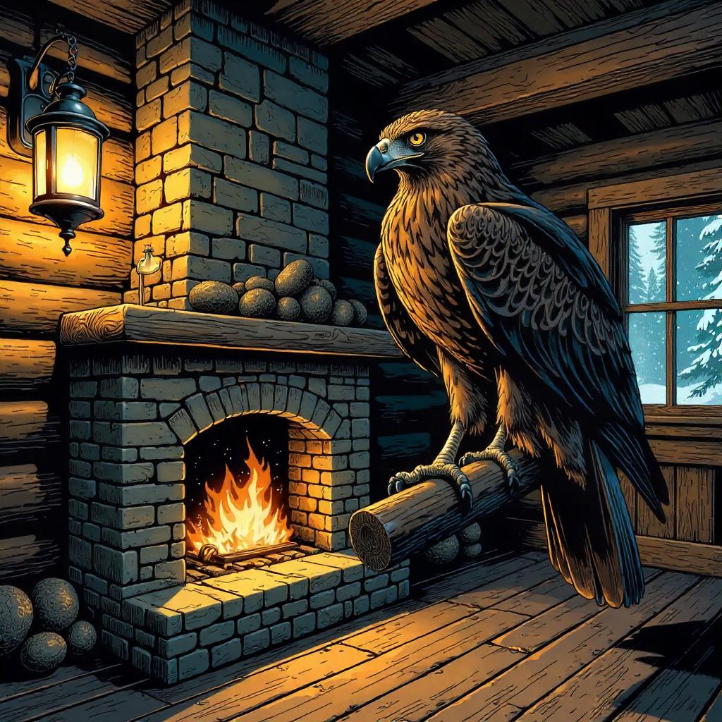 Hawk Sentinel in a Log Cabin (Comic Style)