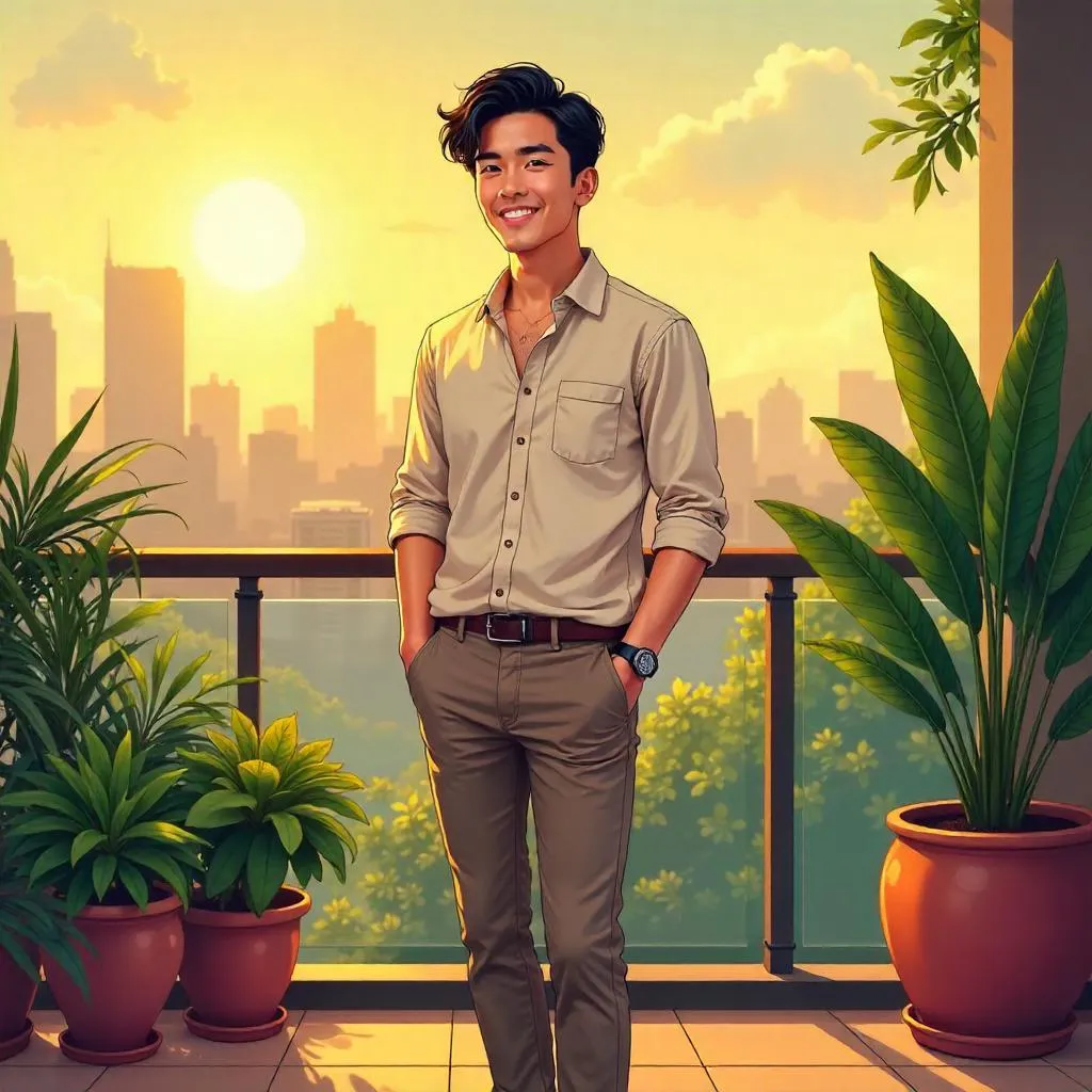Terrace Portrait: Handsome Asian Man in Cartoon Style