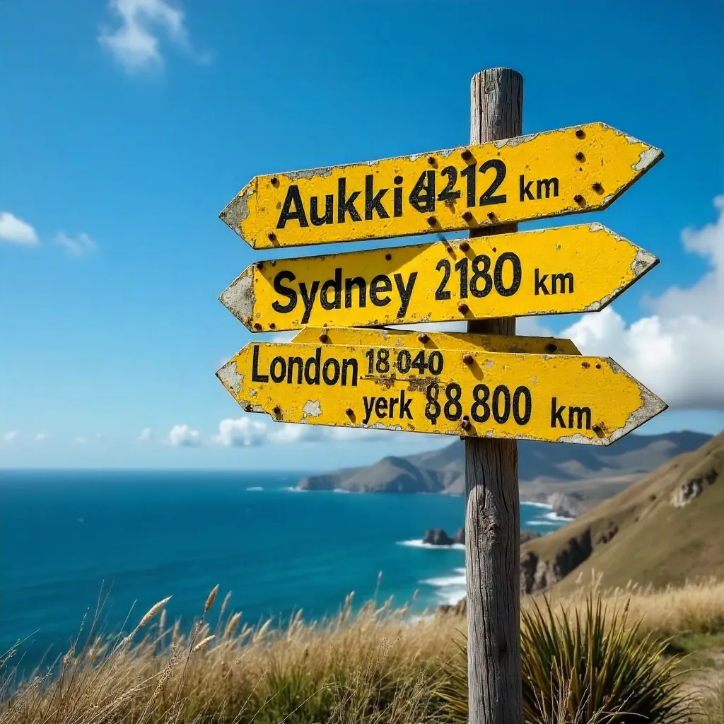 Cape Reinga Yellow Signpost with City Distances