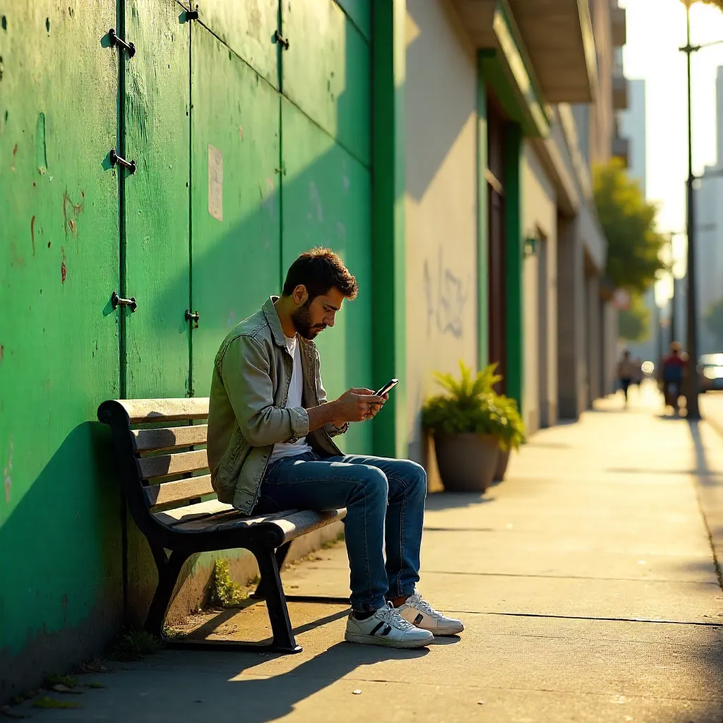 Man on bench by green urban wall reading his phone