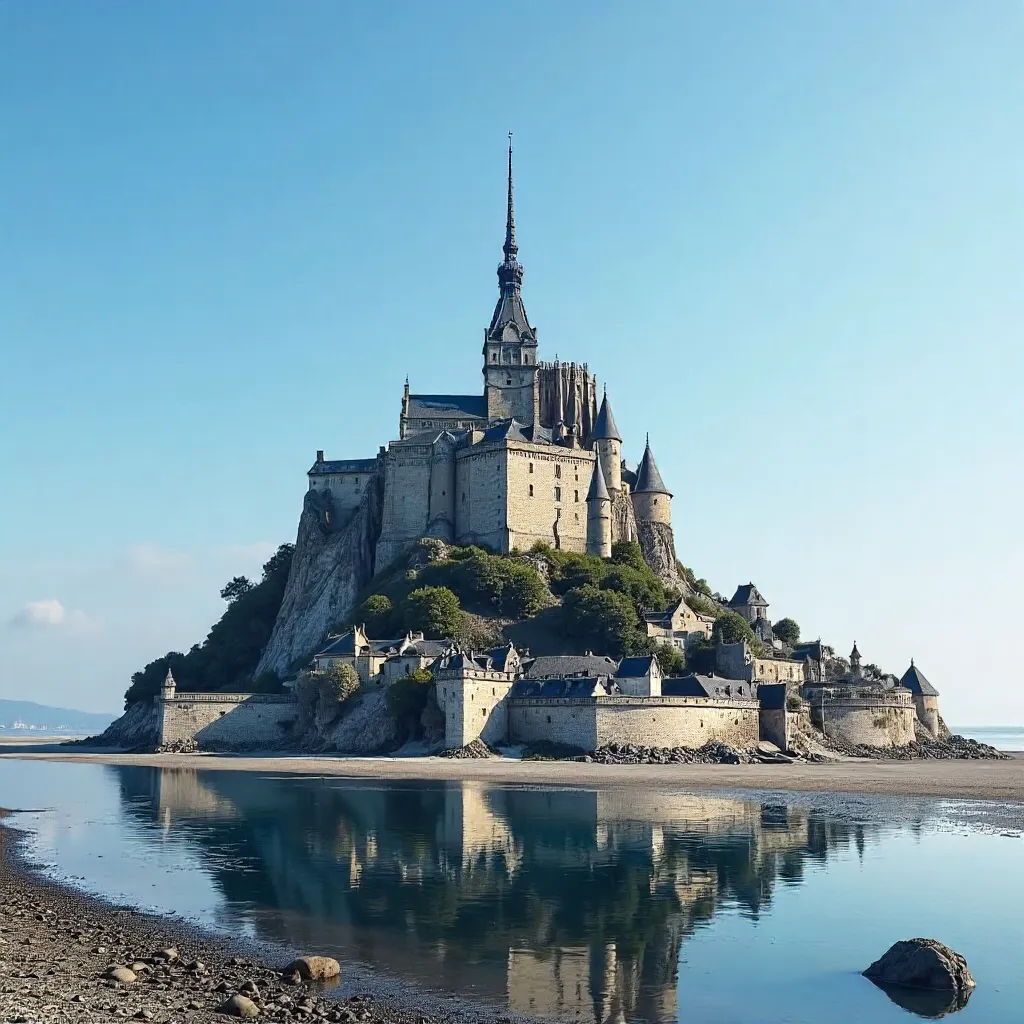 Mont Saint-Michel Abbey under a Clear Normandy Sky