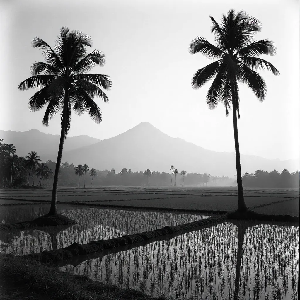 Monochrome Palms Above Yogyakarta Rice Fields and Distant Mountains
