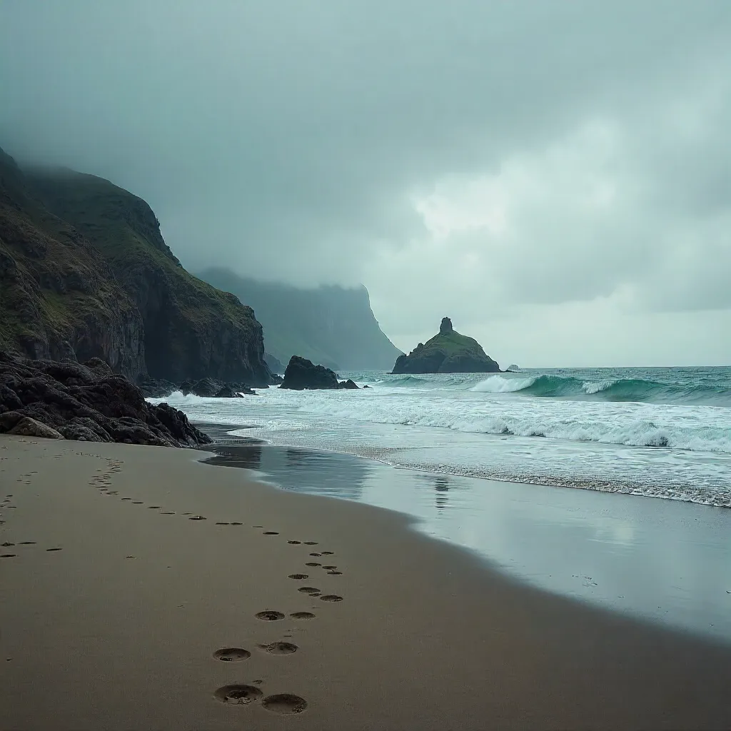 Serene Coastline: Footprints on Wet Sand under Grey Sky