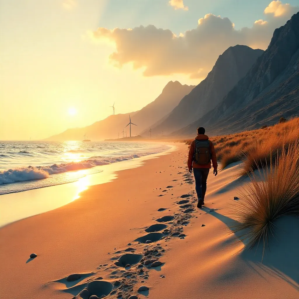 Beach Wanderer among Dunes, Mountains, and Wind Turbines