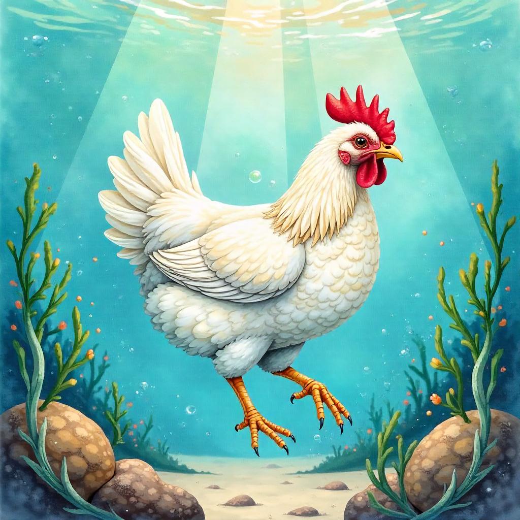 Underwater Watercolor Chicken in Dreamy Blues
