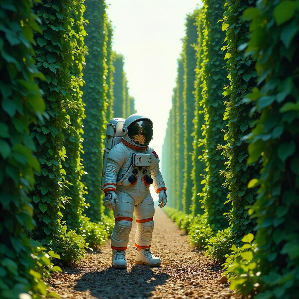 Photorealistic Astronaut in a Hedge Maze