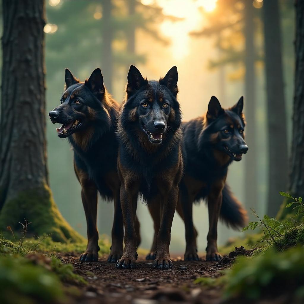 Three-Headed Cerberus in a Photoreal Pine Forest