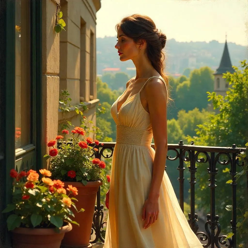 Elegant Adult Woman on a Balcony – Oil Portrait