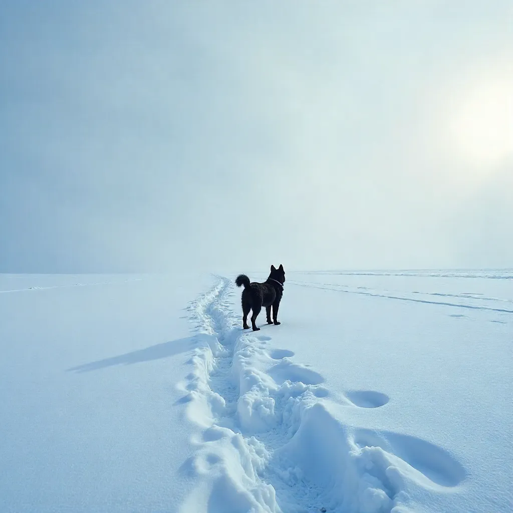 Solitary Black Dog on an Endless Snow Field
