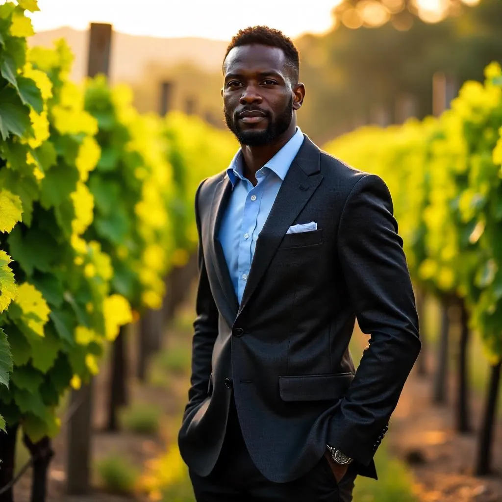 Professional Black Man in a Photorealistic Vineyard