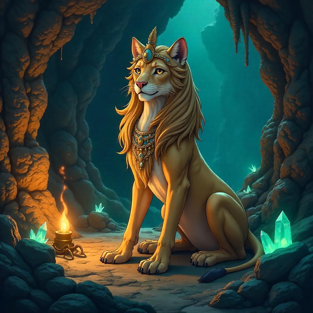 Anime Sphinx in a Mystical Cave