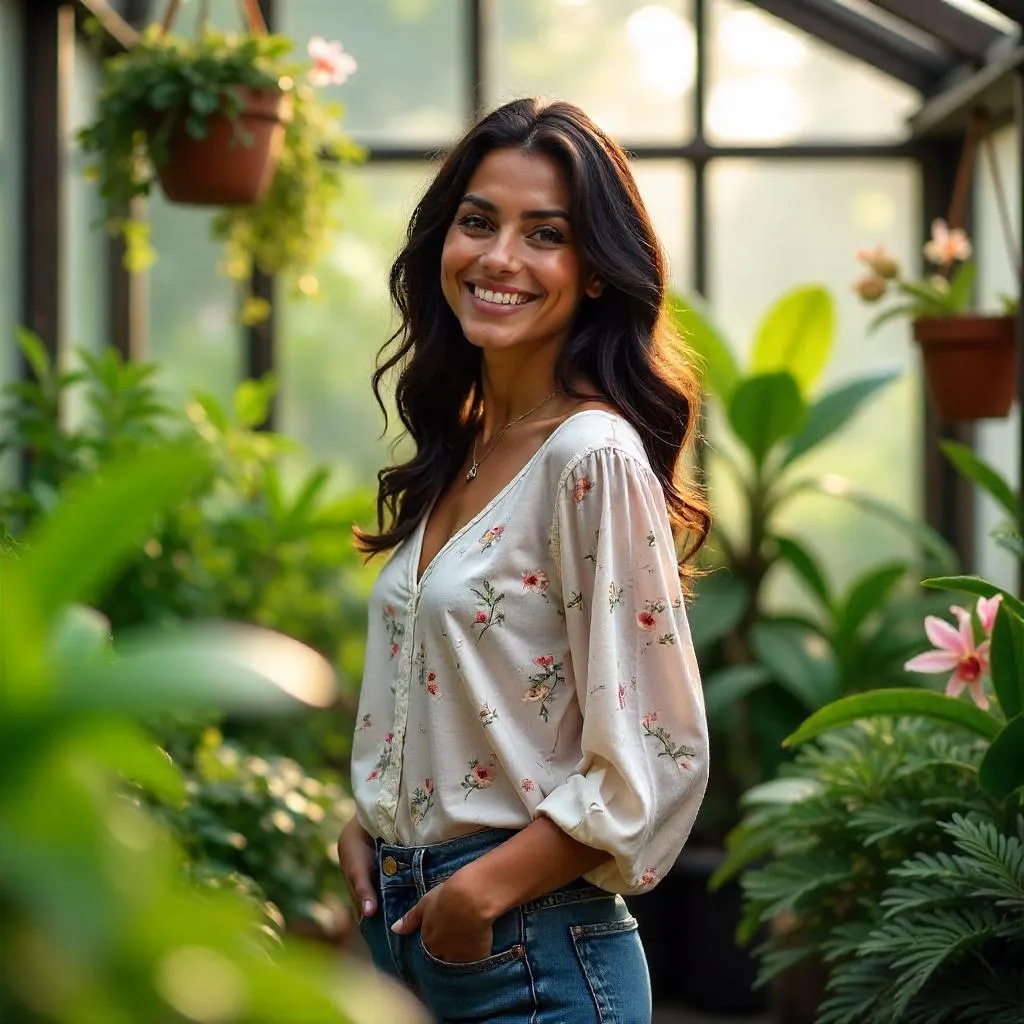 Cheerful Latina Woman in a Lush Greenhouse
